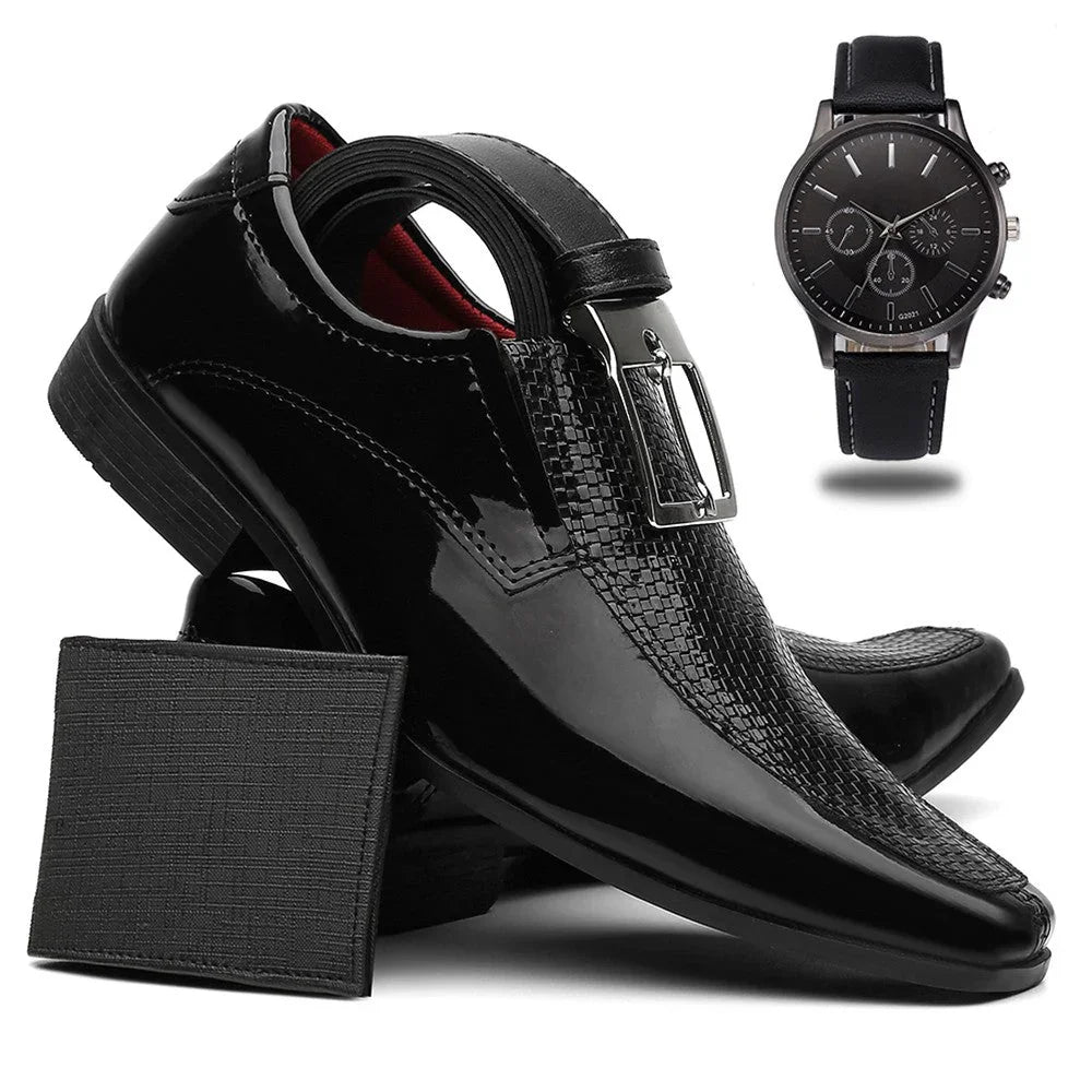 Men's Patent Leather Dress Shoes + Belt + Wallet + Pointer Watch