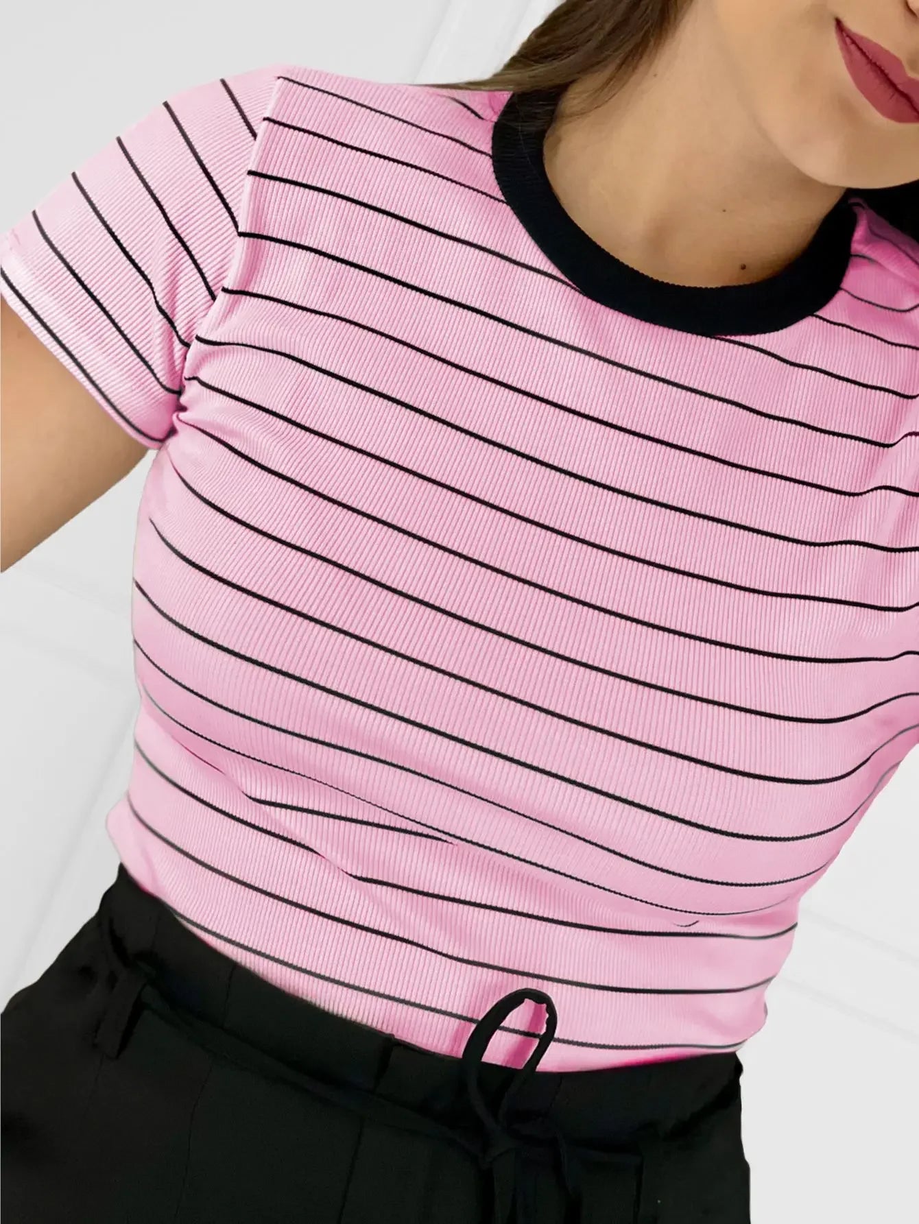 Women's Striped Ribbed T-Shirt – Modern Casual Style – Spring/Summer
