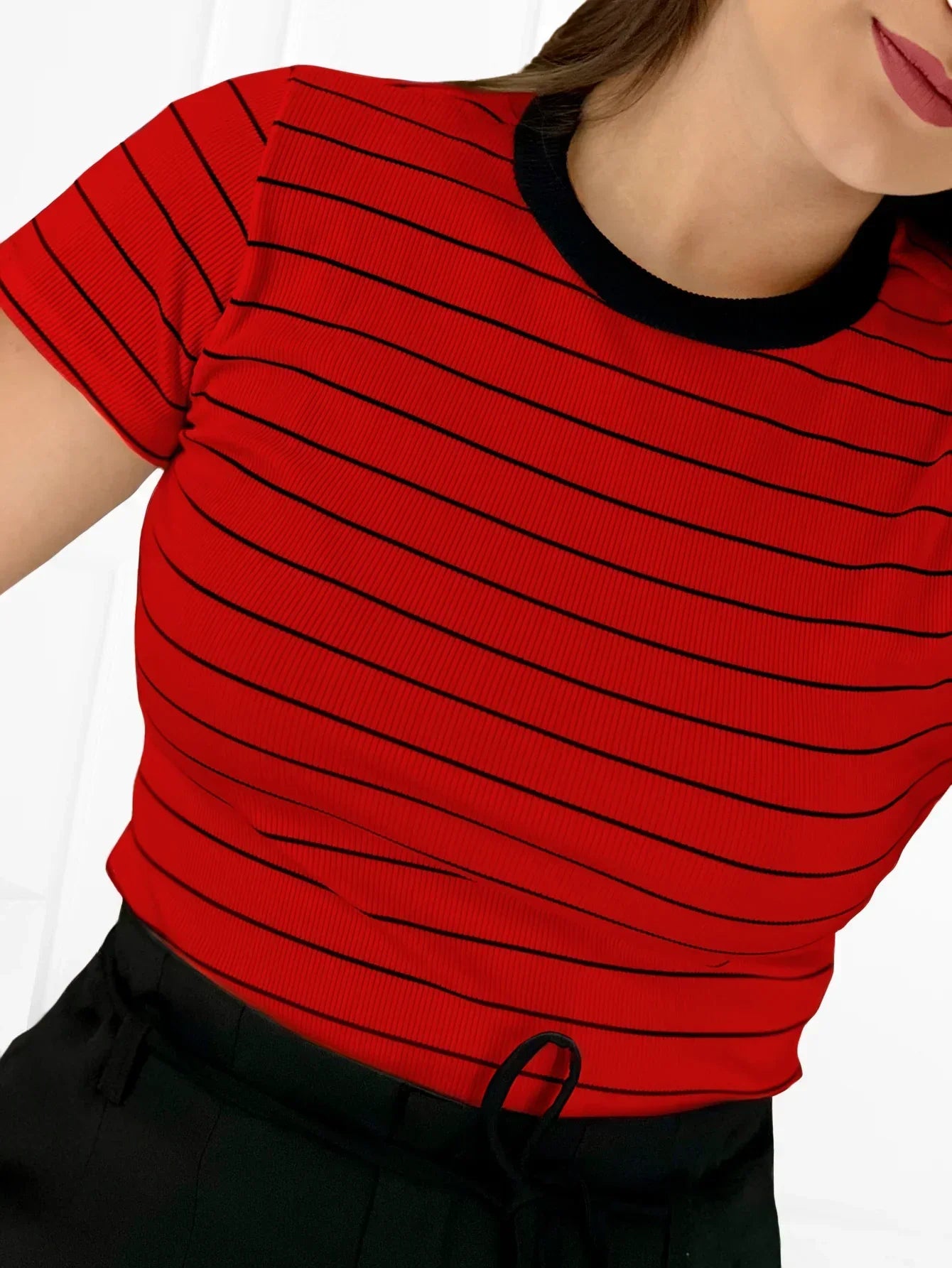 Women's Striped Ribbed T-Shirt – Modern Casual Style – Spring/Summer