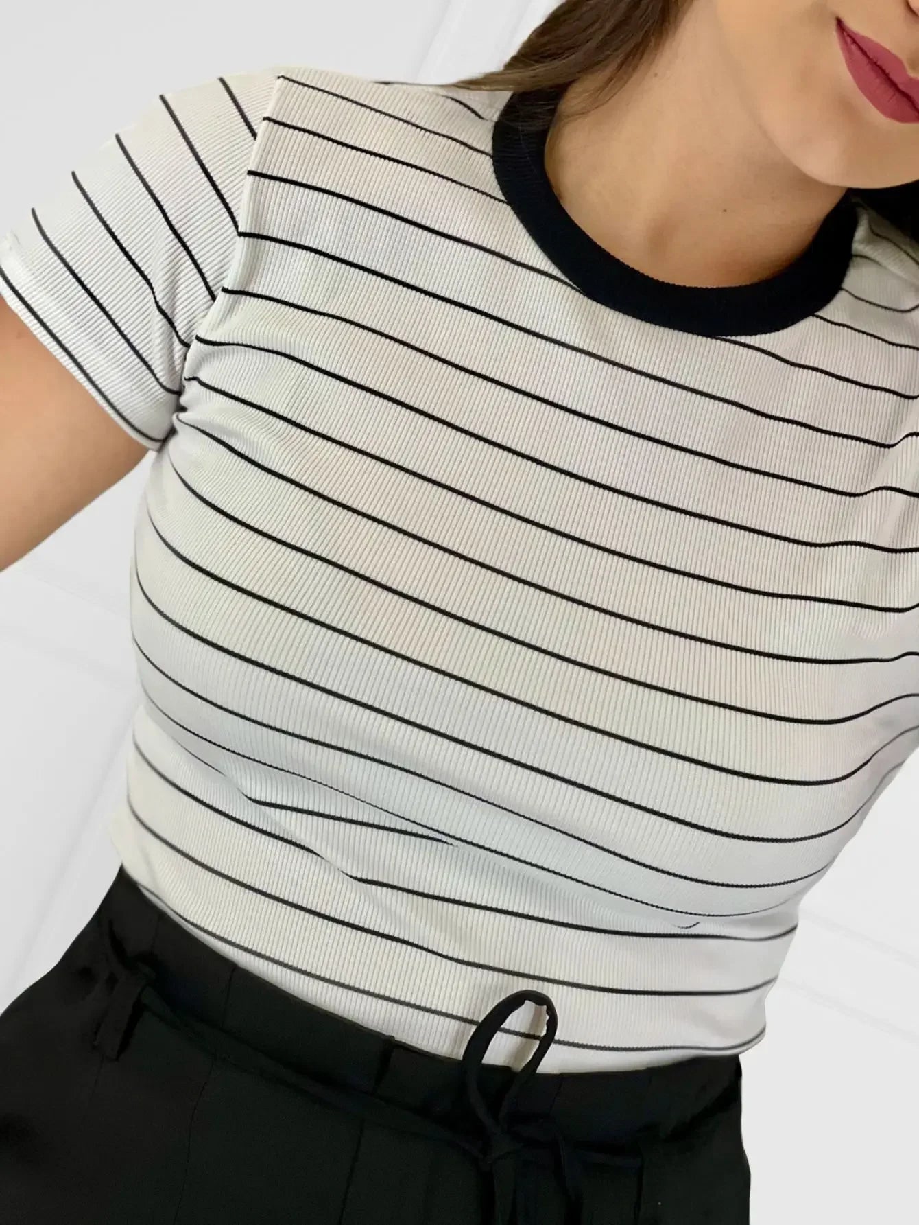 Women's Striped Ribbed T-Shirt – Modern Casual Style – Spring/Summer