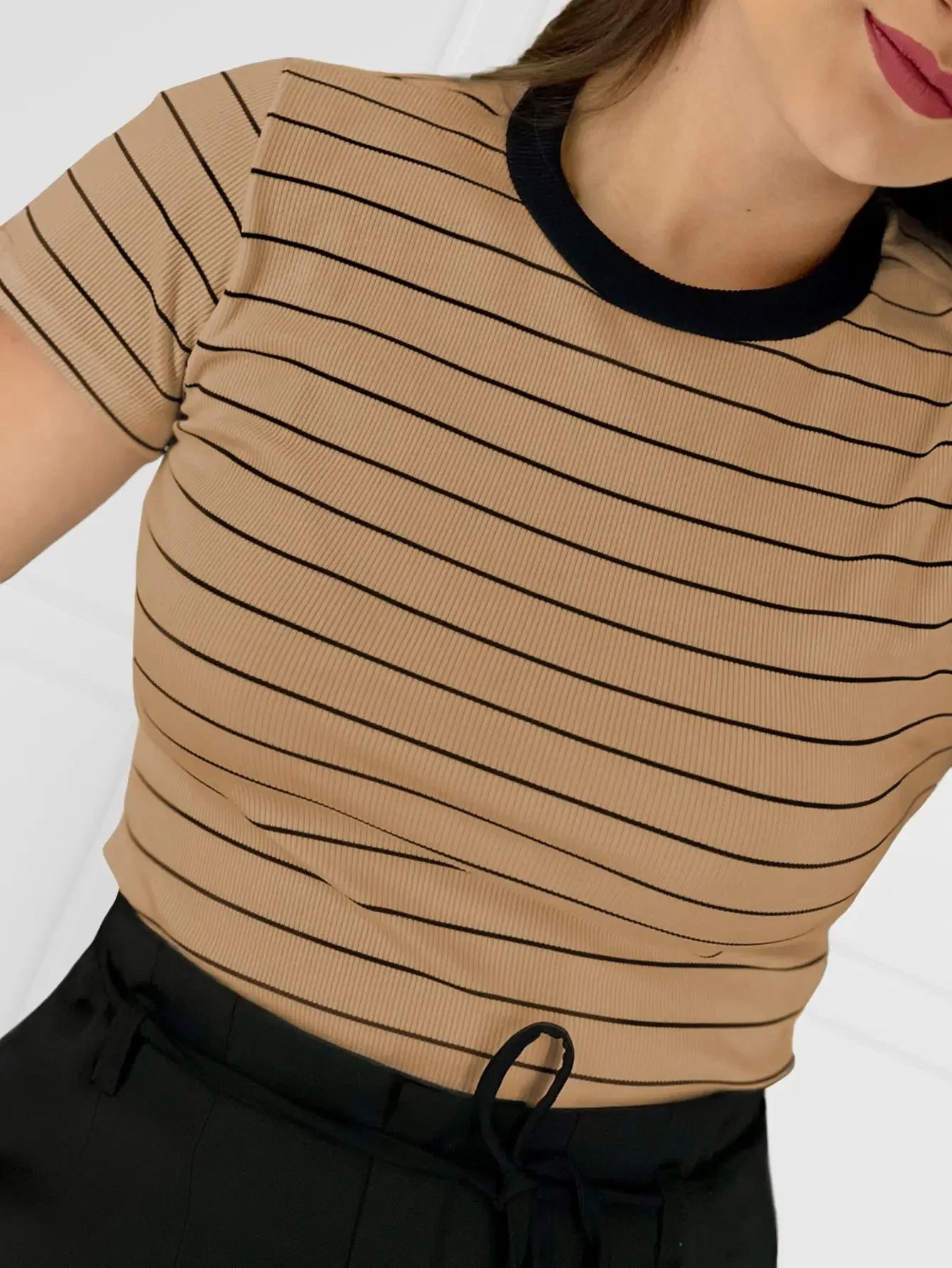 Women's Striped Ribbed T-Shirt – Modern Casual Style – Spring/Summer