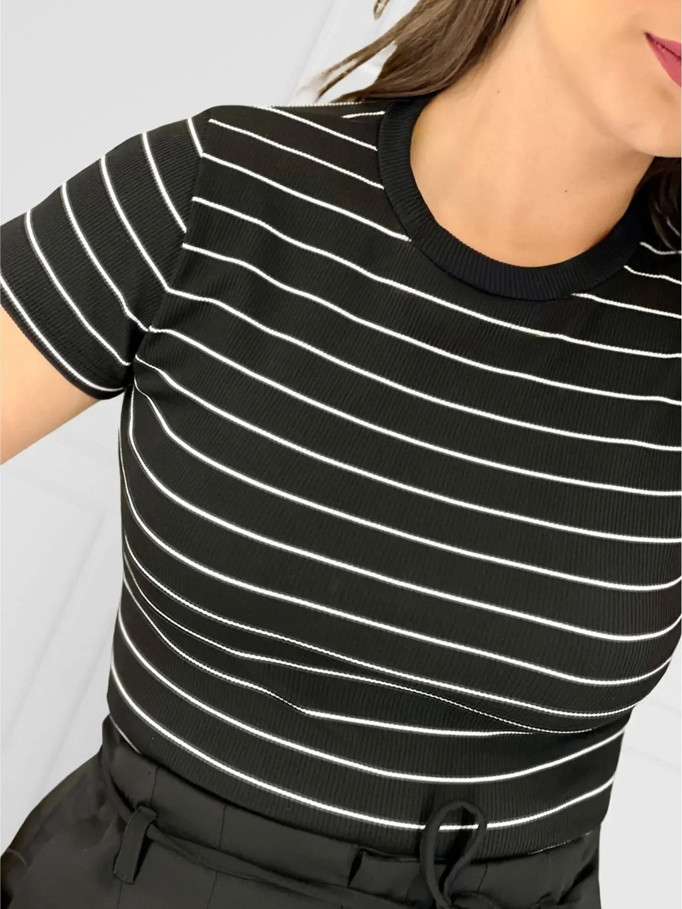 Women's Striped Ribbed T-Shirt – Modern Casual Style – Spring/Summer