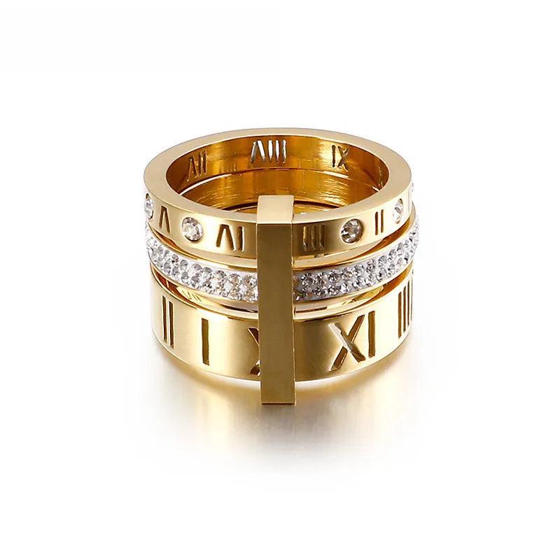 Anel Triplo Romano com Cristais Banhado a Ouro 18k - Sundian
