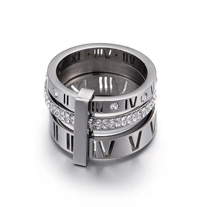 Anel Triplo Romano com Cristais Banhado a Ouro 18k - Sundian