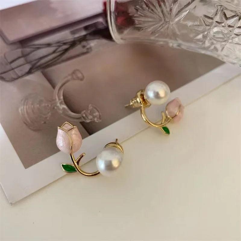 Brinco com Flor Rosa e Pérola - Sundian - Sundian