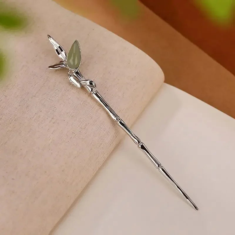 Bamboo Leaf Hair Clip with Green Stone