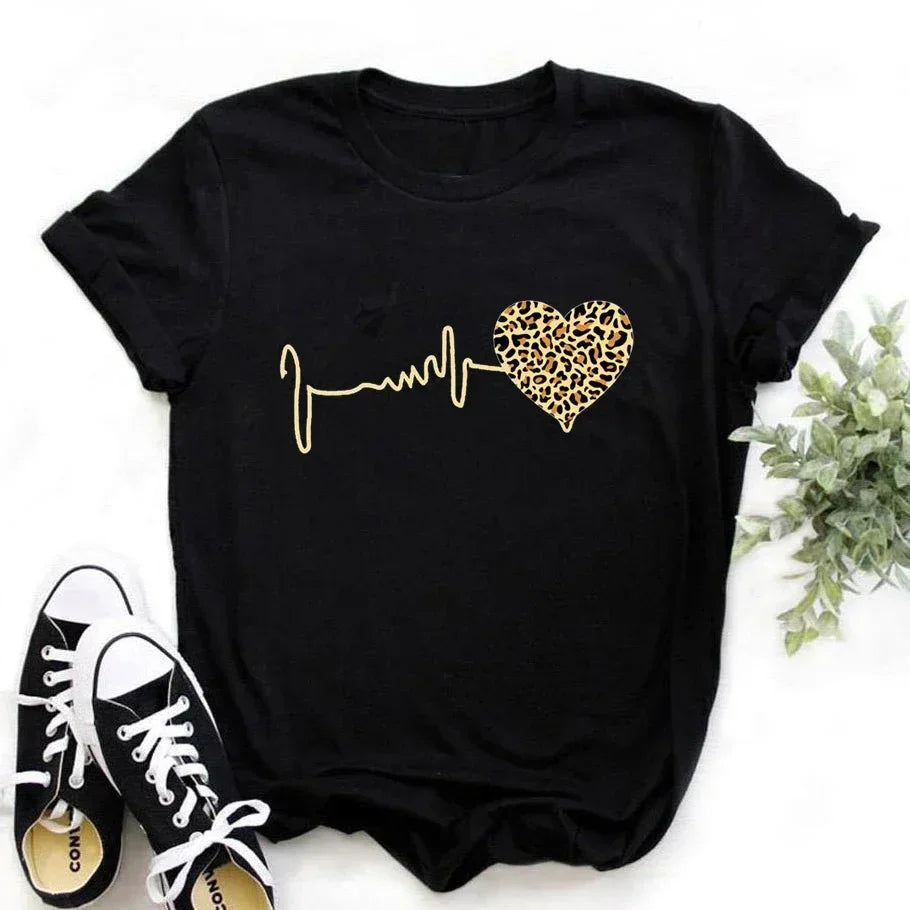 Women's 90's Leopard Heartbeat Printed T-Shirt