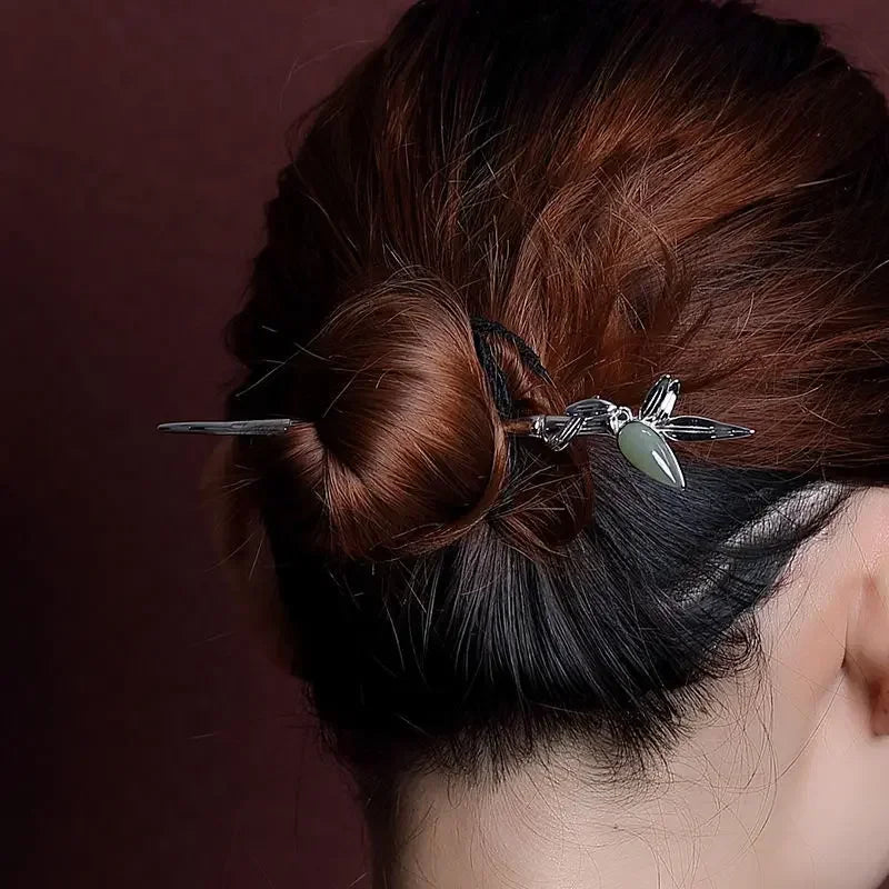 Bamboo Leaf Hair Clip with Green Stone