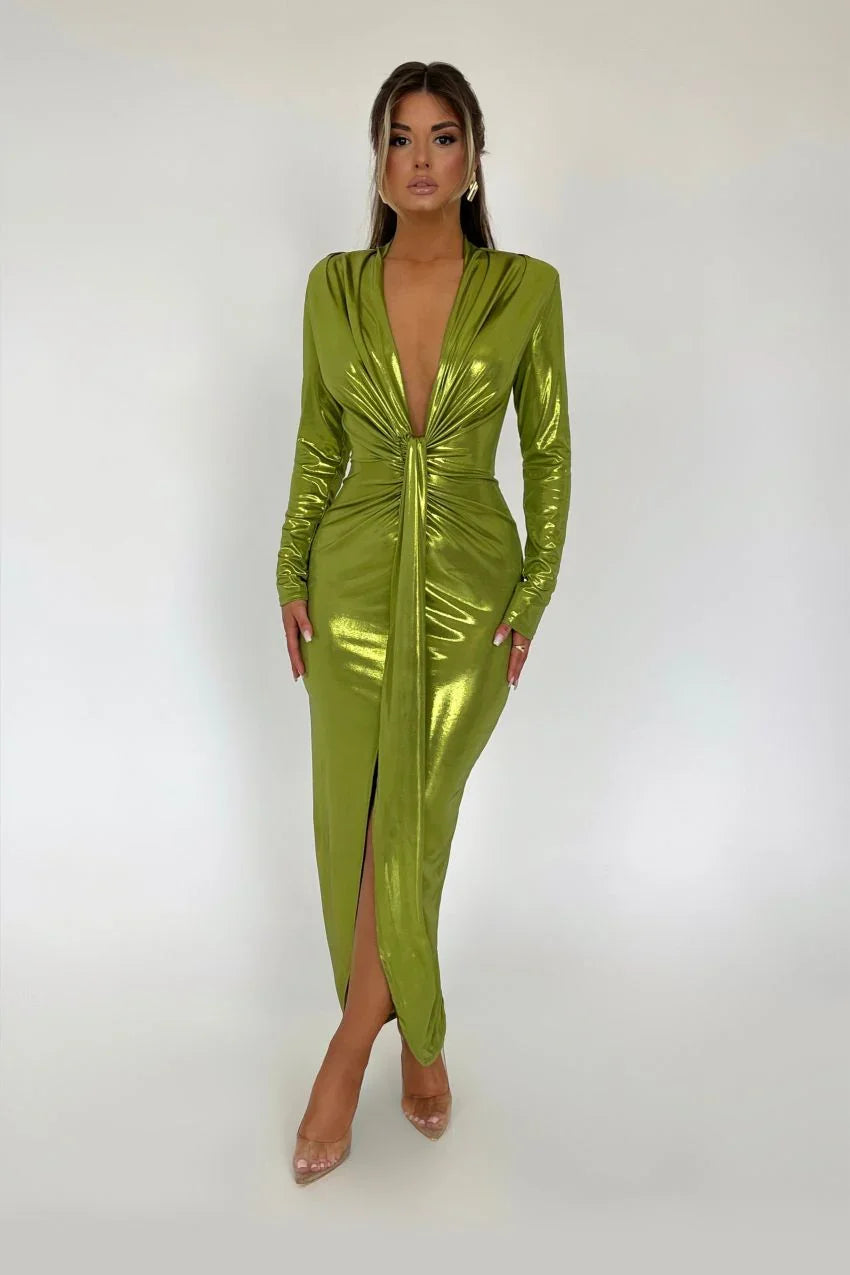 Vestido Verde Metálico Sara – Estilo marcante e confortável