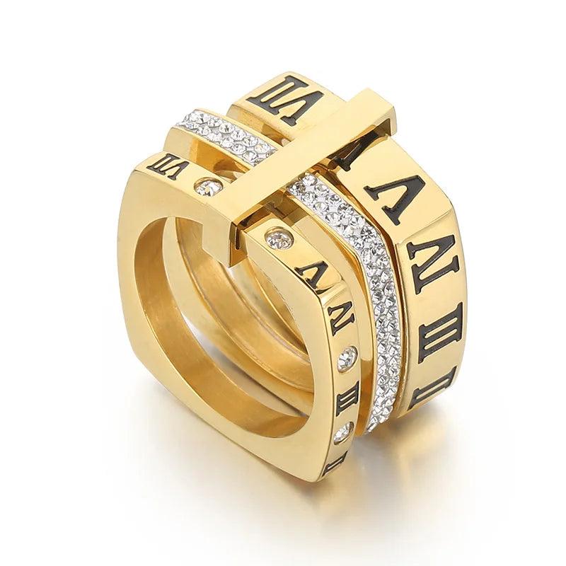 Anel Triplo Romano Quadrado com Cristais Banhado a Ouro 18k - Sundian