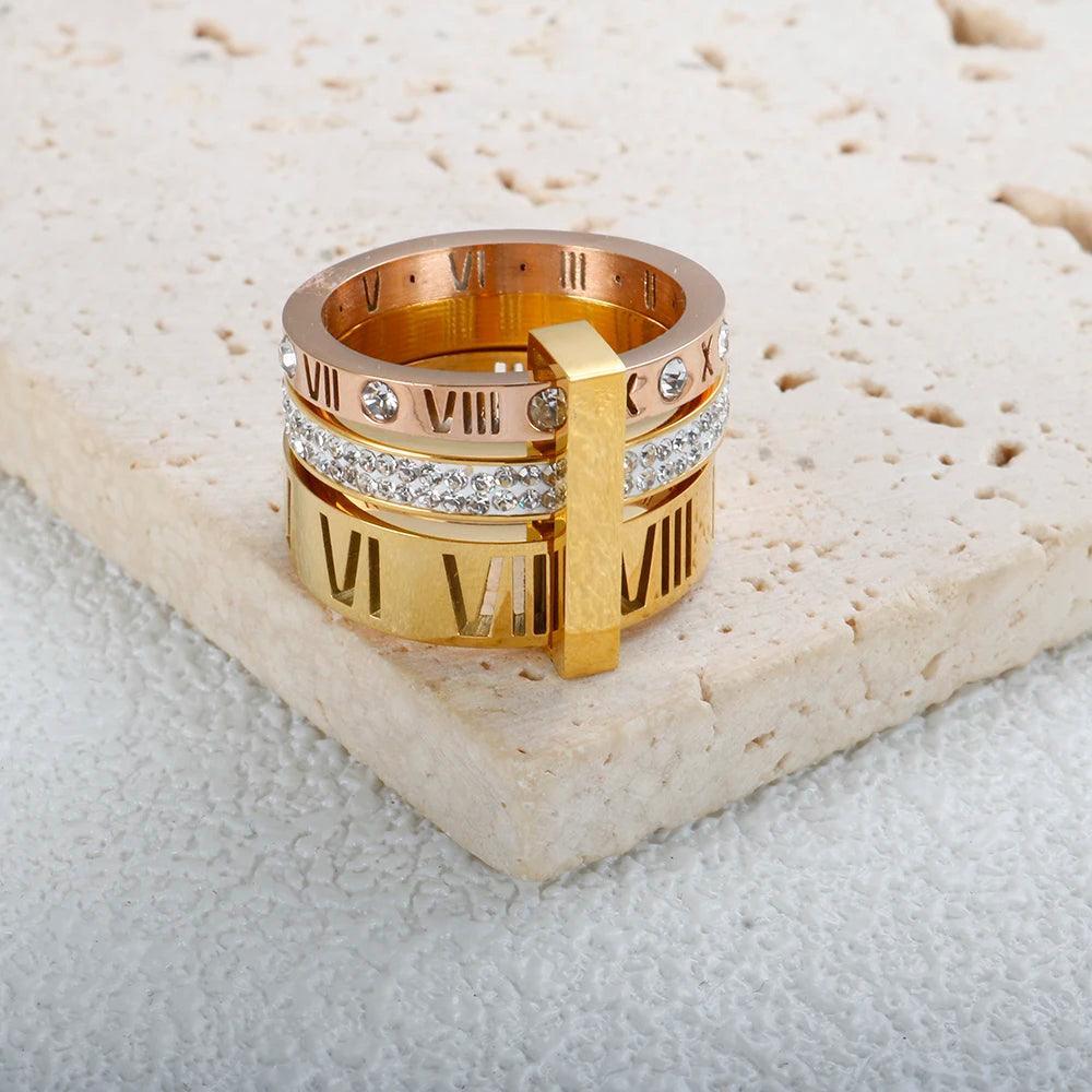 Anel Triplo Romano com Cristais Banhado a Ouro 18k - Sundian - Sundian