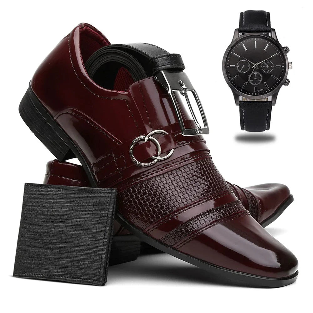Men's Patent Leather Dress Shoes + Belt + Wallet + Pointer Watch