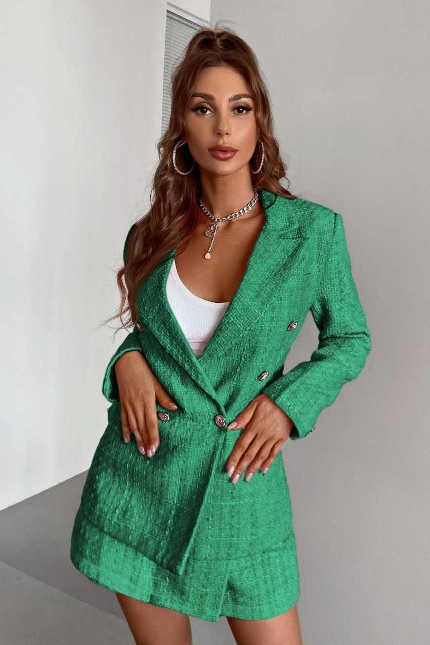 Blazer Tweed Botão Duplo Elegante Verde – Visual encantador para brilhar - Sundian