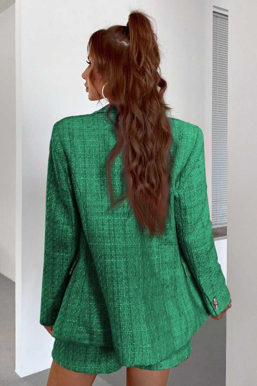 Blazer Tweed Botão Duplo Elegante Verde – Visual encantador para brilhar - Sundian