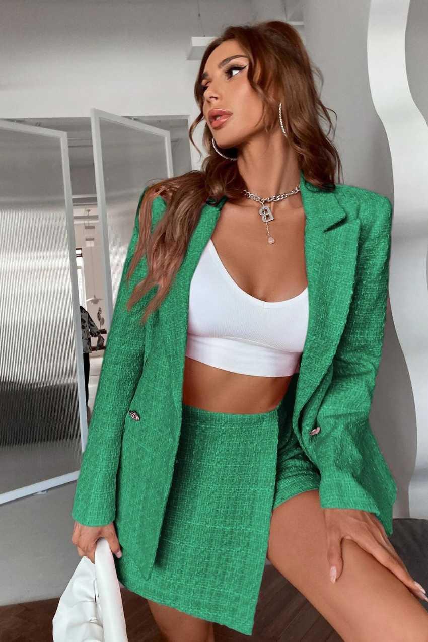 Blazer Tweed Botão Duplo Elegante Verde – Visual encantador para brilhar - Sundian