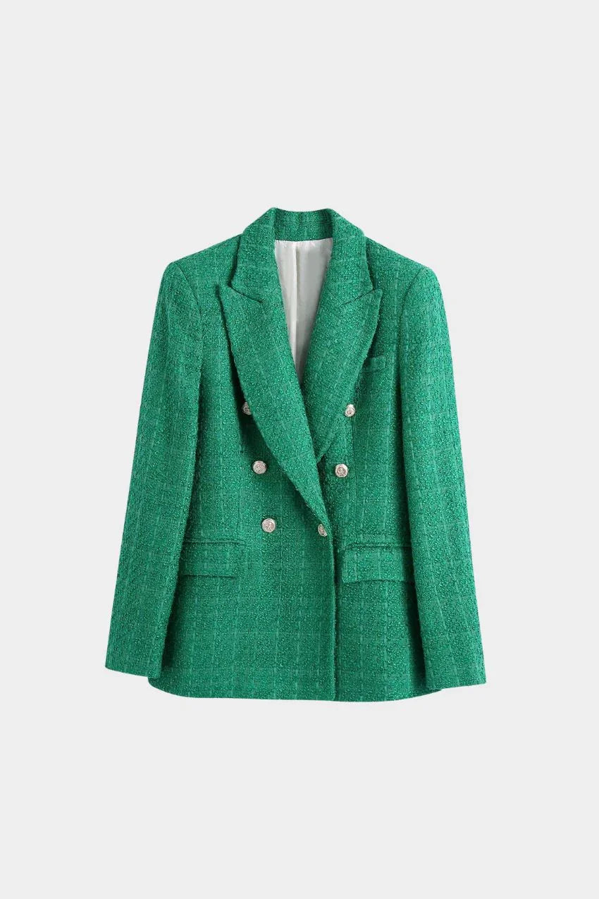 Blazer Tweed Botão Duplo Elegante Verde – Visual encantador para brilhar - Sundian