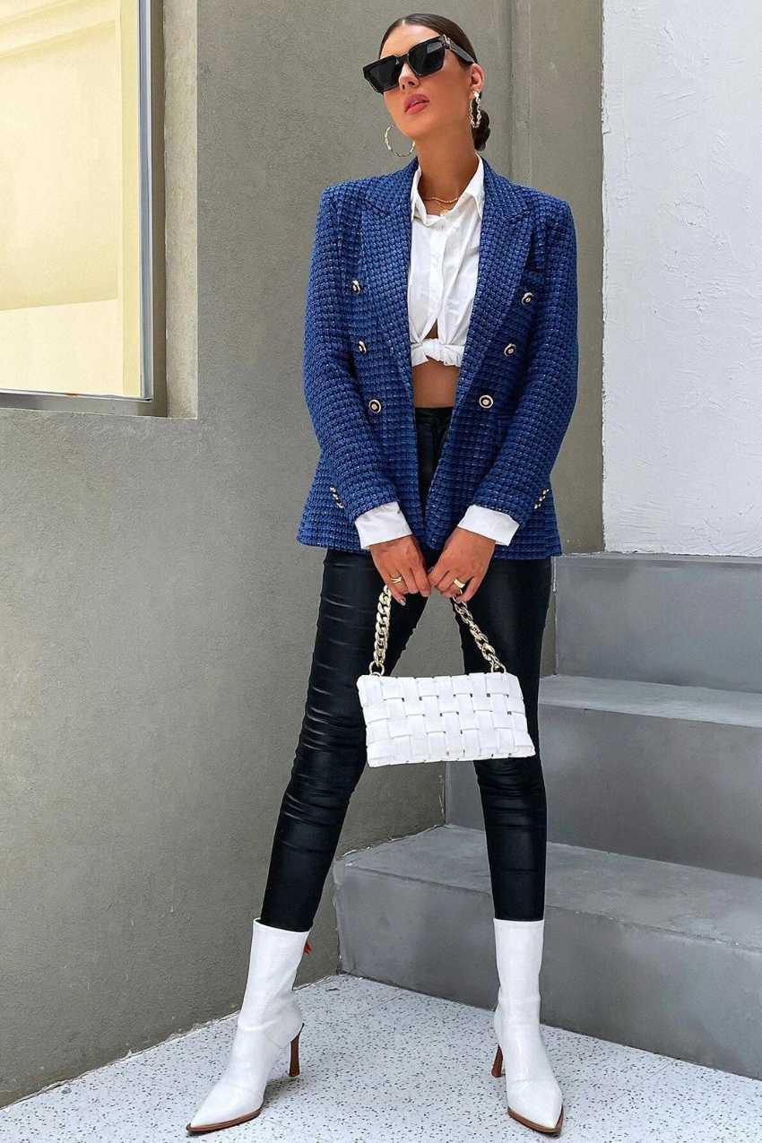 Blazer Tweed Botão Duplo Manta Elegante Azul – Simplesmente irresistível - Sundian