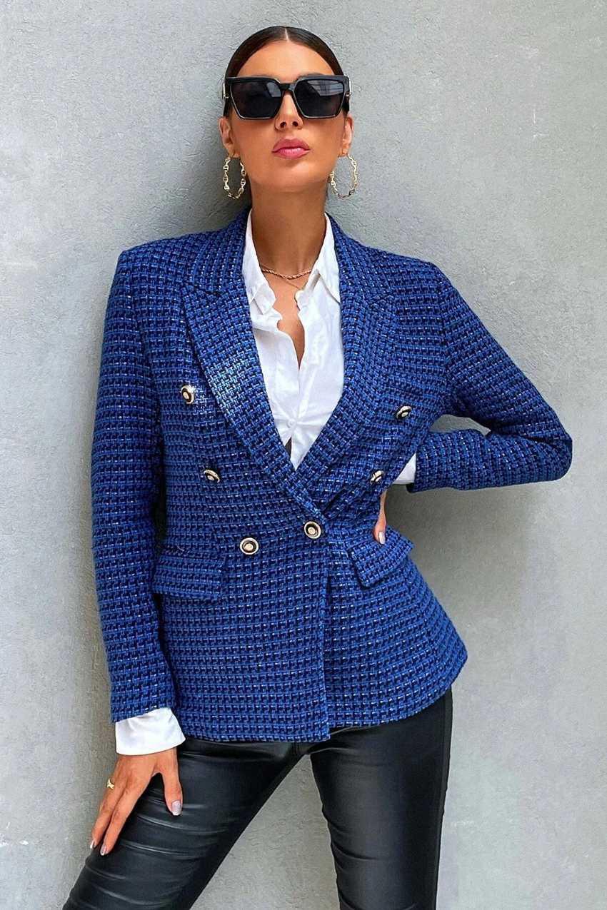 Blazer Tweed Botão Duplo Manta Elegante Azul – Simplesmente irresistível - Sundian