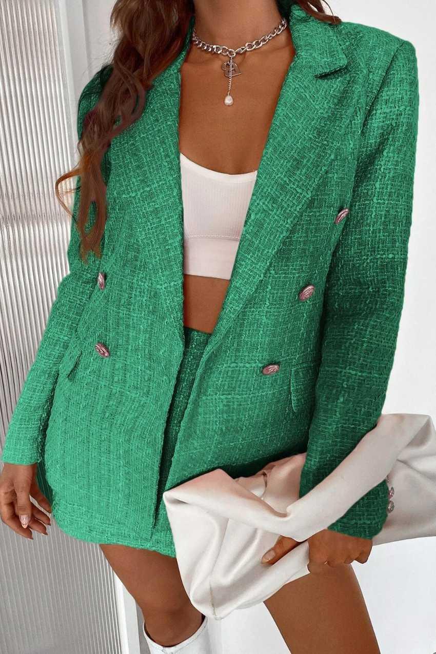 Blazer Tweed Botão Duplo Elegante Verde – Visual encantador para brilhar - Sundian