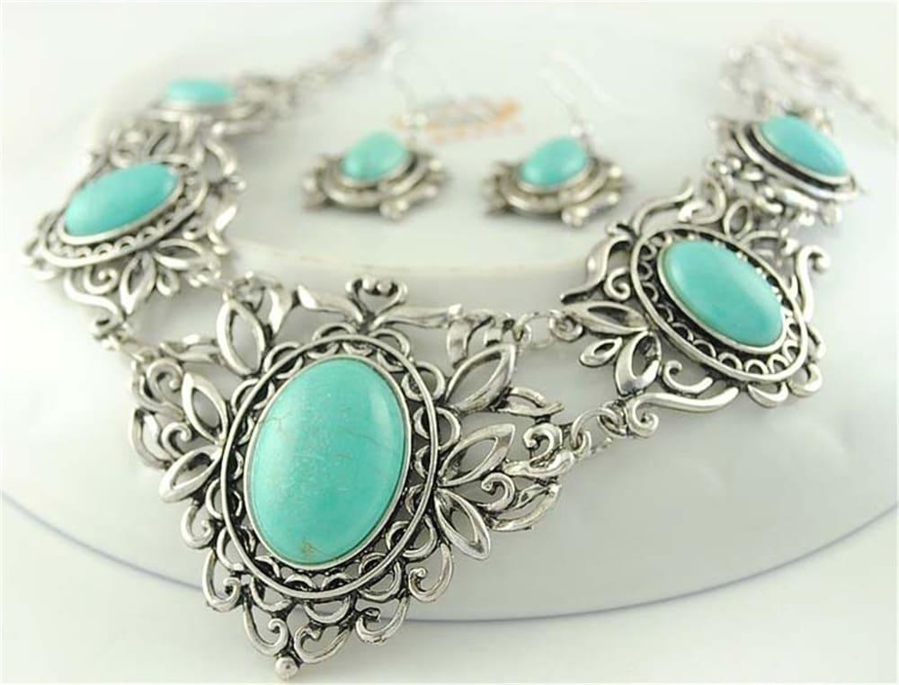 Conjunto de Joias Colar e Brincos - Turquesa Tibetana