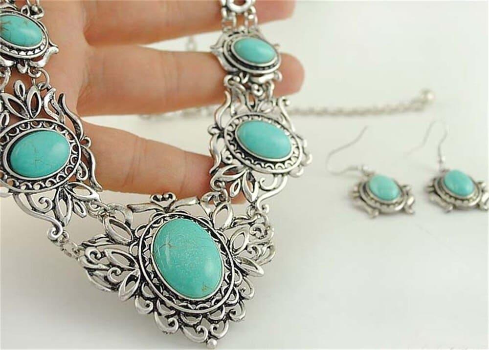 Conjunto de Joias Colar e Brincos - Turquesa Tibetana