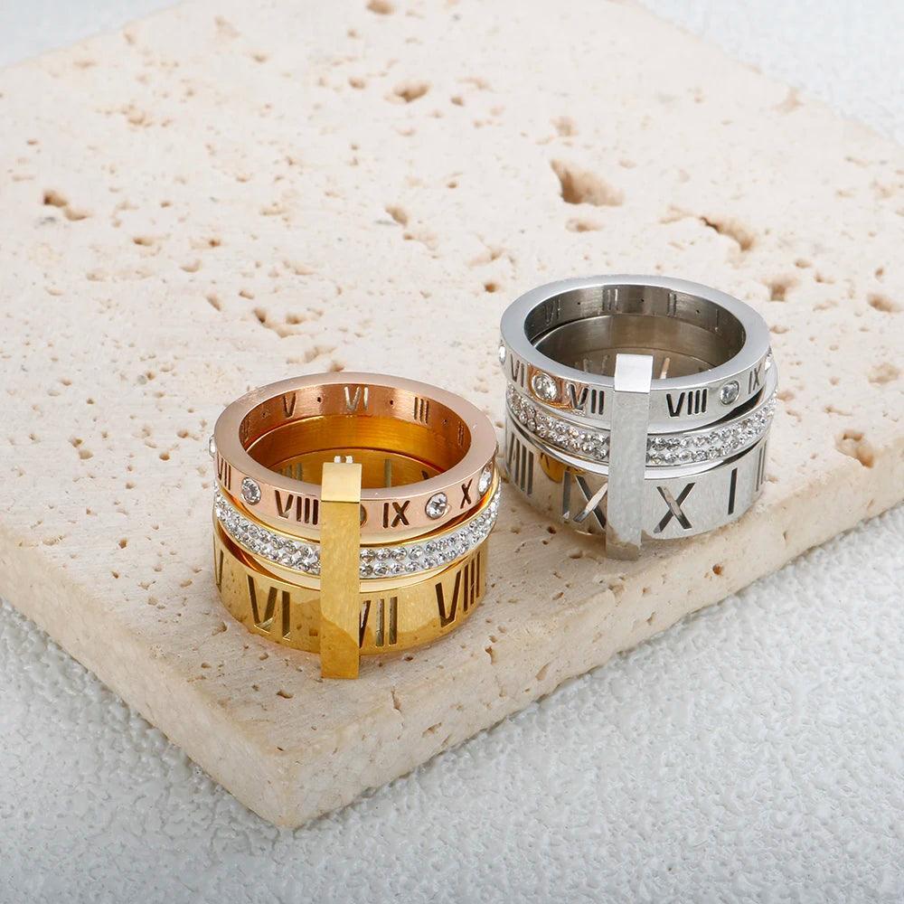 Anel Triplo Romano com Cristais Banhado a Ouro 18k - Sundian - Sundian