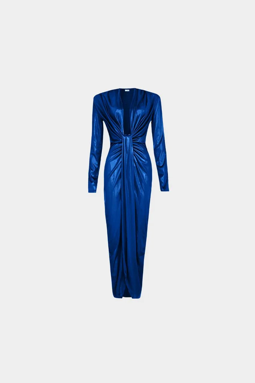 Vestido Azul Metálico Sara – Design moderno com toque clássico