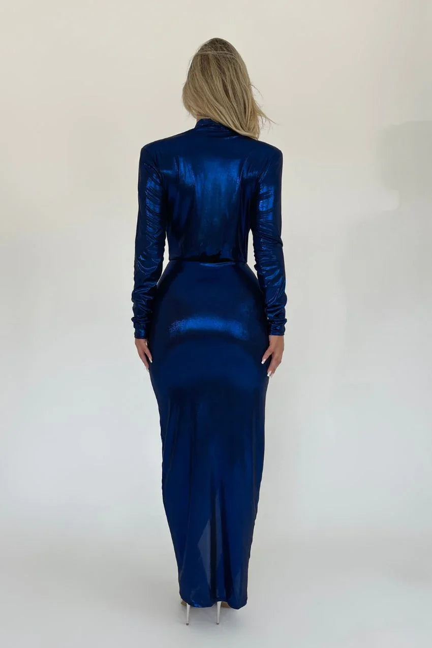 Vestido Azul Metálico Sara – Design moderno com toque clássico