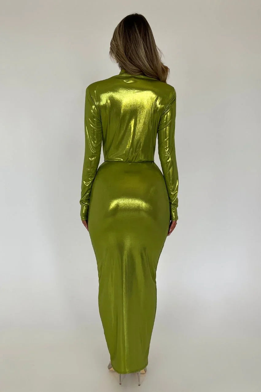 Vestido Verde Metálico Sara – Estilo marcante e confortável