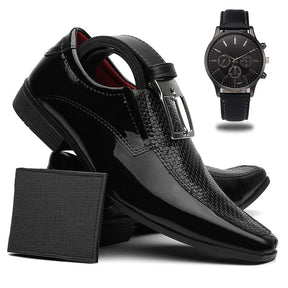 Sapato Masculino Verniz Social + Cinto + Carteira + Relógio Ponteiro