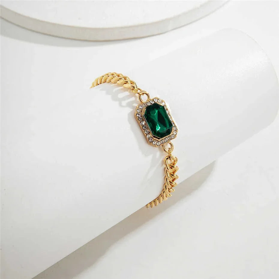 Pulsera de cristal de esmeralda y circonita - Bañado en oro de 18 quilates