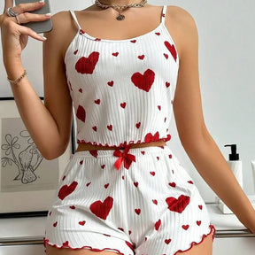 Conjunto de pijama de dos piezas para mujer: camiseta corta sin mangas y pantalones cortos con estampado de corazones