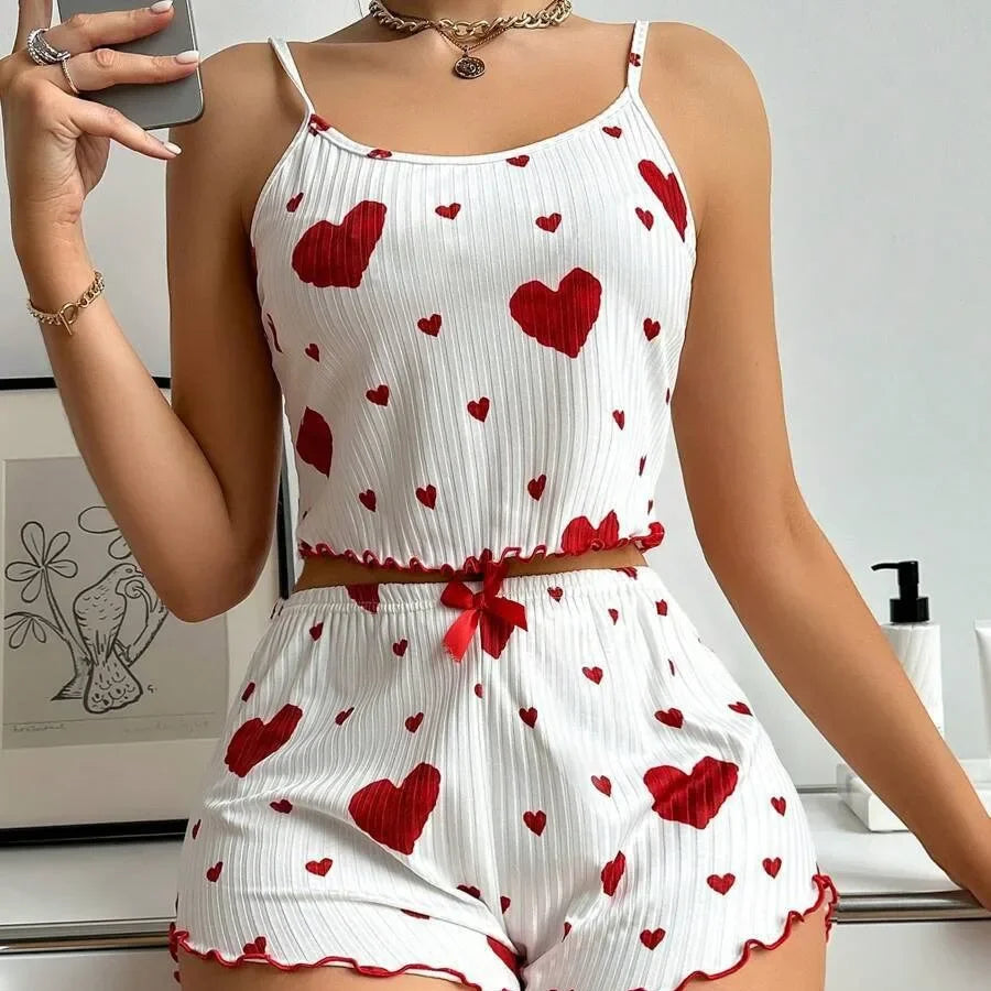 Conjunto de pijama de dos piezas para mujer: camiseta corta sin mangas y pantalones cortos con estampado de corazones