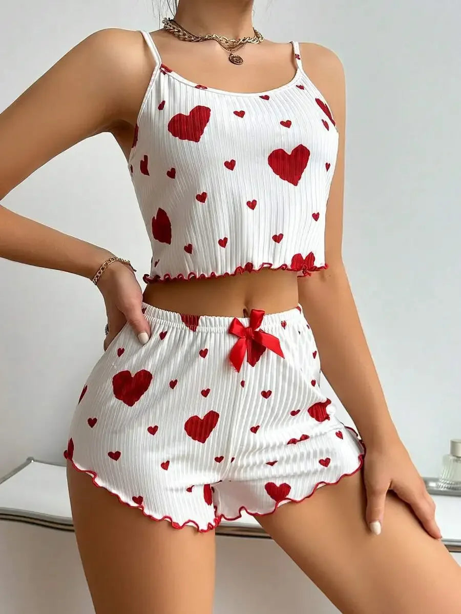 Conjunto de pijama de dos piezas para mujer: camiseta corta sin mangas y pantalones cortos con estampado de corazones