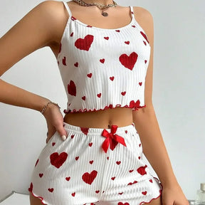 Conjunto de pijama de dos piezas para mujer: camiseta corta sin mangas y pantalones cortos con estampado de corazones