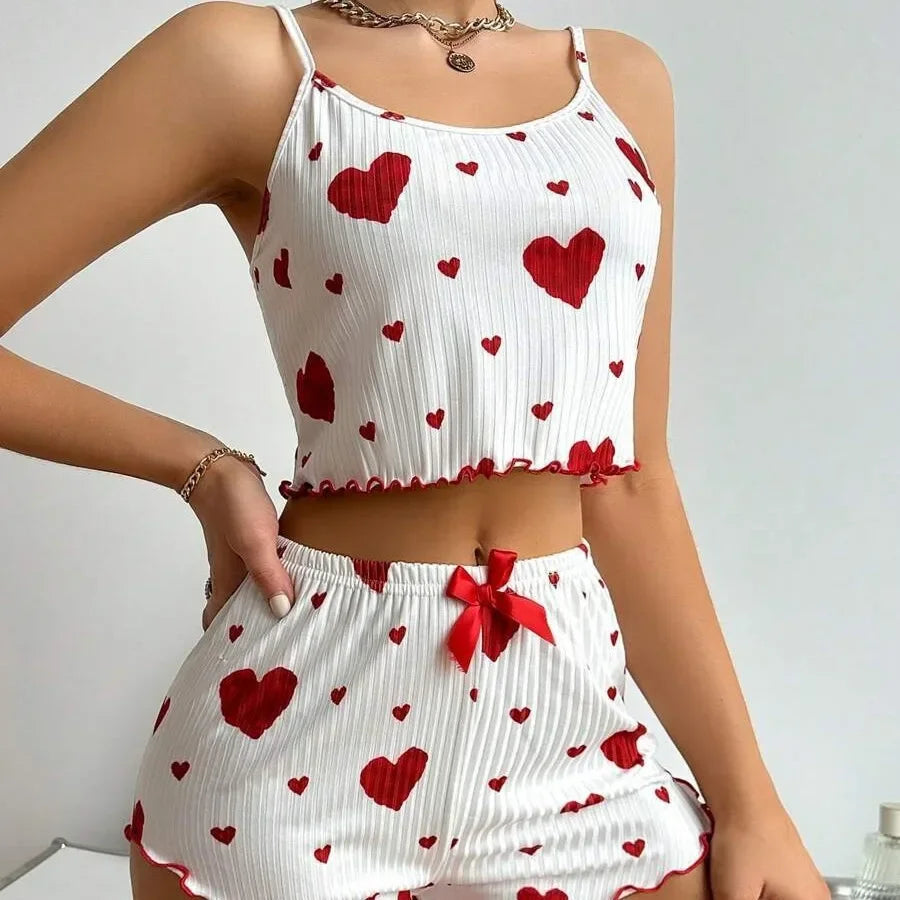 Conjunto de pijama de dos piezas para mujer: camiseta corta sin mangas y pantalones cortos con estampado de corazones