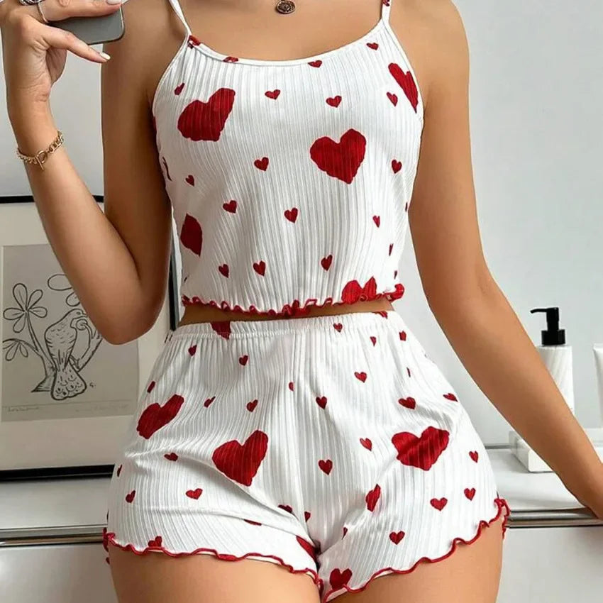 Conjunto de pijama de dos piezas para mujer: camiseta corta sin mangas y pantalones cortos con estampado de corazones
