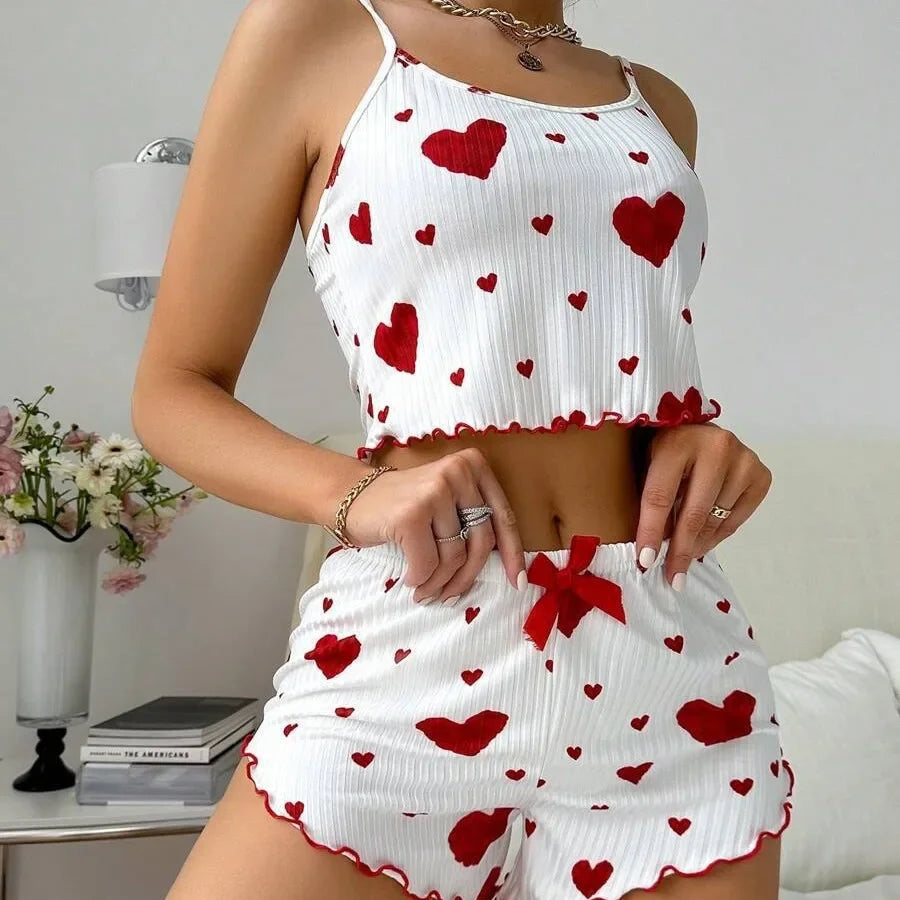 Conjunto de pijama de dos piezas para mujer: camiseta corta sin mangas y pantalones cortos con estampado de corazones