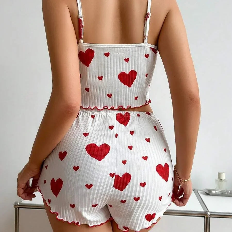 Conjunto de pijama de dos piezas para mujer: camiseta corta sin mangas y pantalones cortos con estampado de corazones