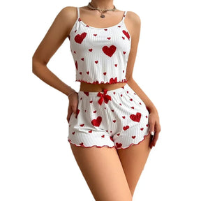 Conjunto de pijama de dos piezas para mujer: camiseta corta sin mangas y pantalones cortos con estampado de corazones