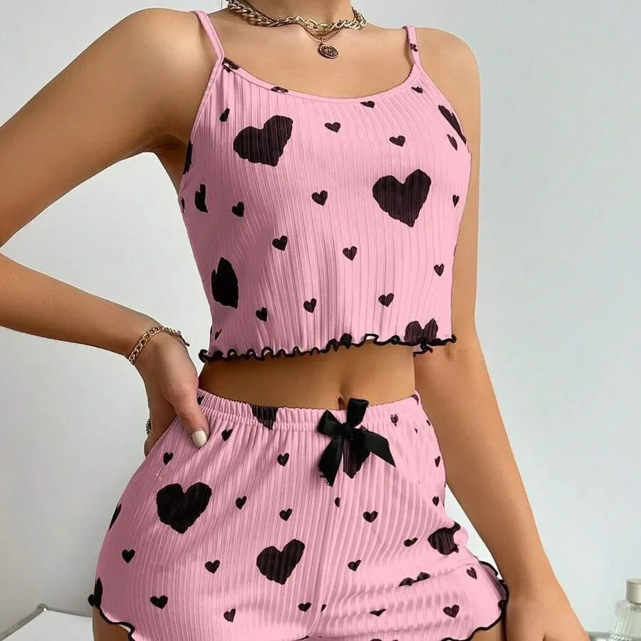 Conjunto de pijama de dos piezas para mujer: camiseta corta sin mangas y pantalones cortos con estampado de corazones