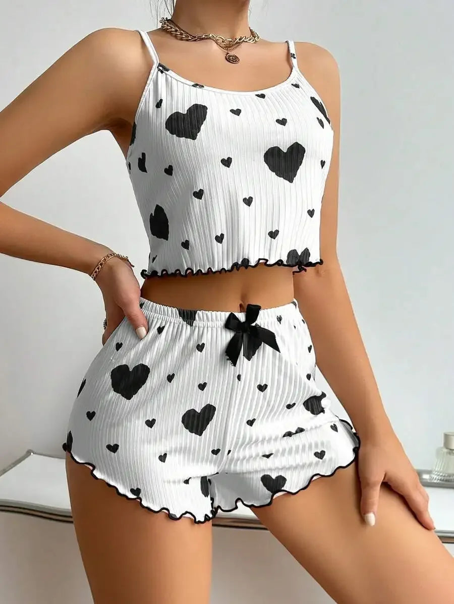 Conjunto de pijama de dos piezas para mujer: camiseta corta sin mangas y pantalones cortos con estampado de corazones