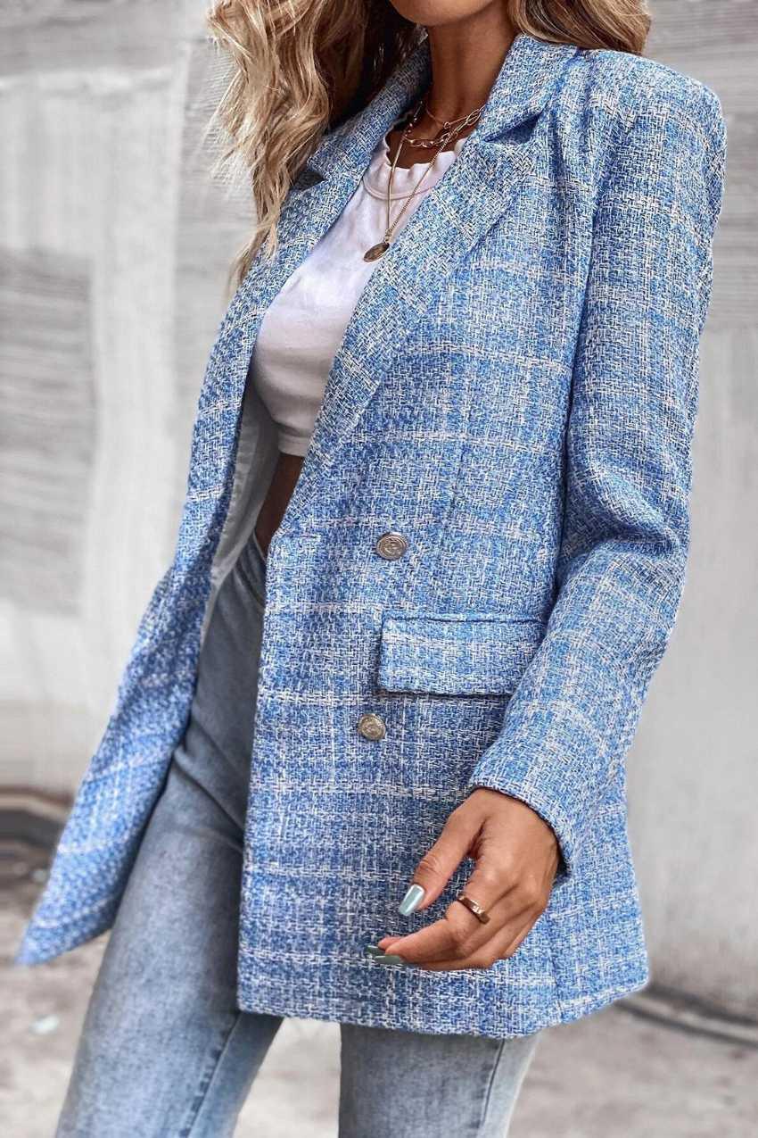 Blazer Tweed Trançado Azul Botão Duplo – Visual encantador para brilhar - Sundian