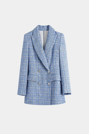 Blazer Tweed Trançado Azul Botão Duplo – Visual encantador para brilhar - Sundian
