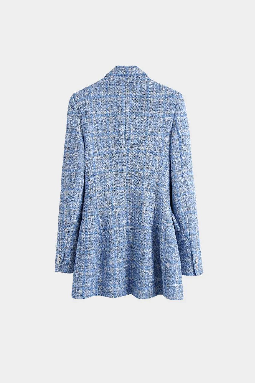 Blazer Tweed Trançado Azul Botão Duplo – Visual encantador para brilhar - Sundian
