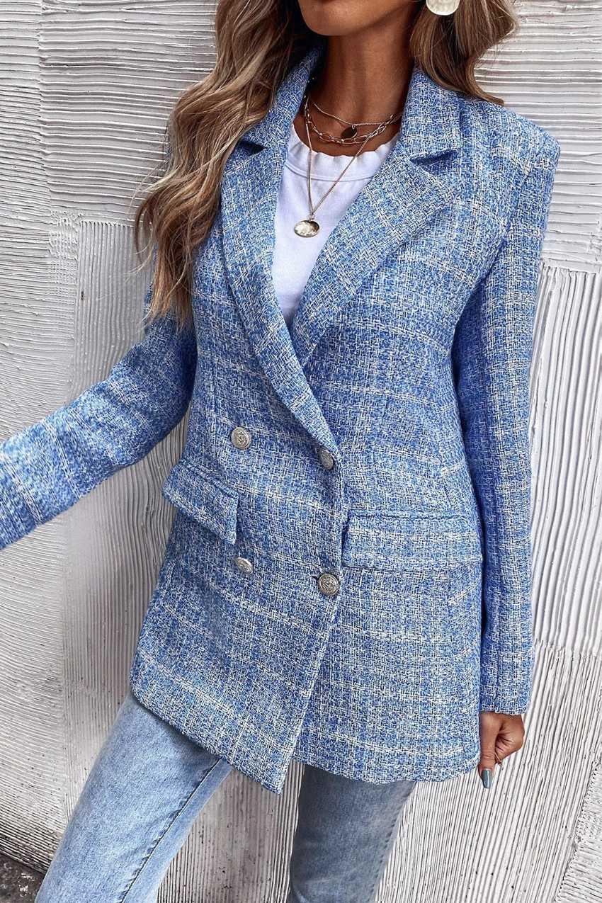 Blazer Tweed Trançado Azul Botão Duplo – Visual encantador para brilhar - Sundian