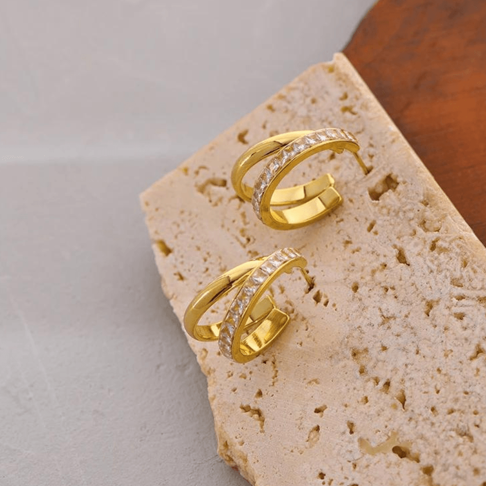 Brinco Duplo com Zircônias Banhado a Ouro 18k - Sundian - Sundian