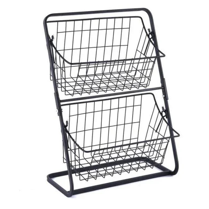 Metal Table Fruit Bowl with 2 Tiers and Double Layer Organizer
