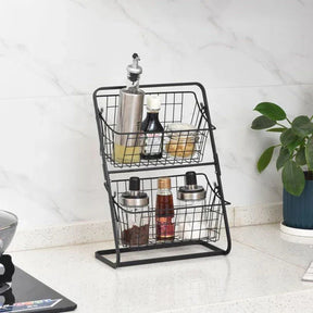 Metal Table Fruit Bowl with 2 Tiers and Double Layer Organizer