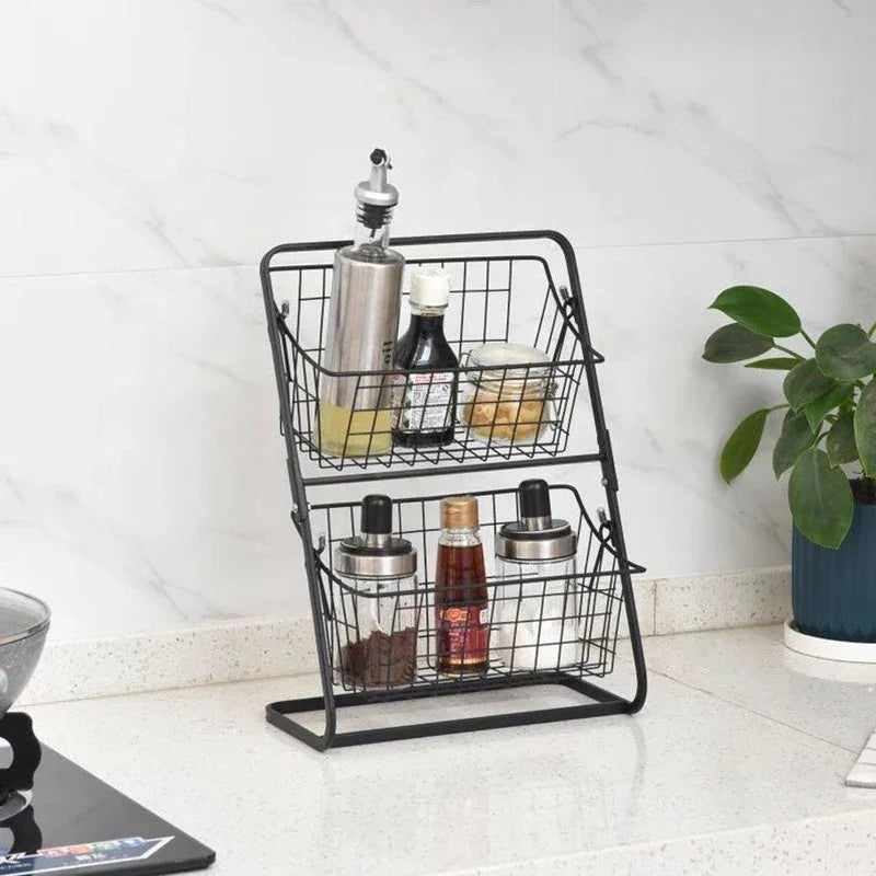 Metal Table Fruit Bowl with 2 Tiers and Double Layer Organizer